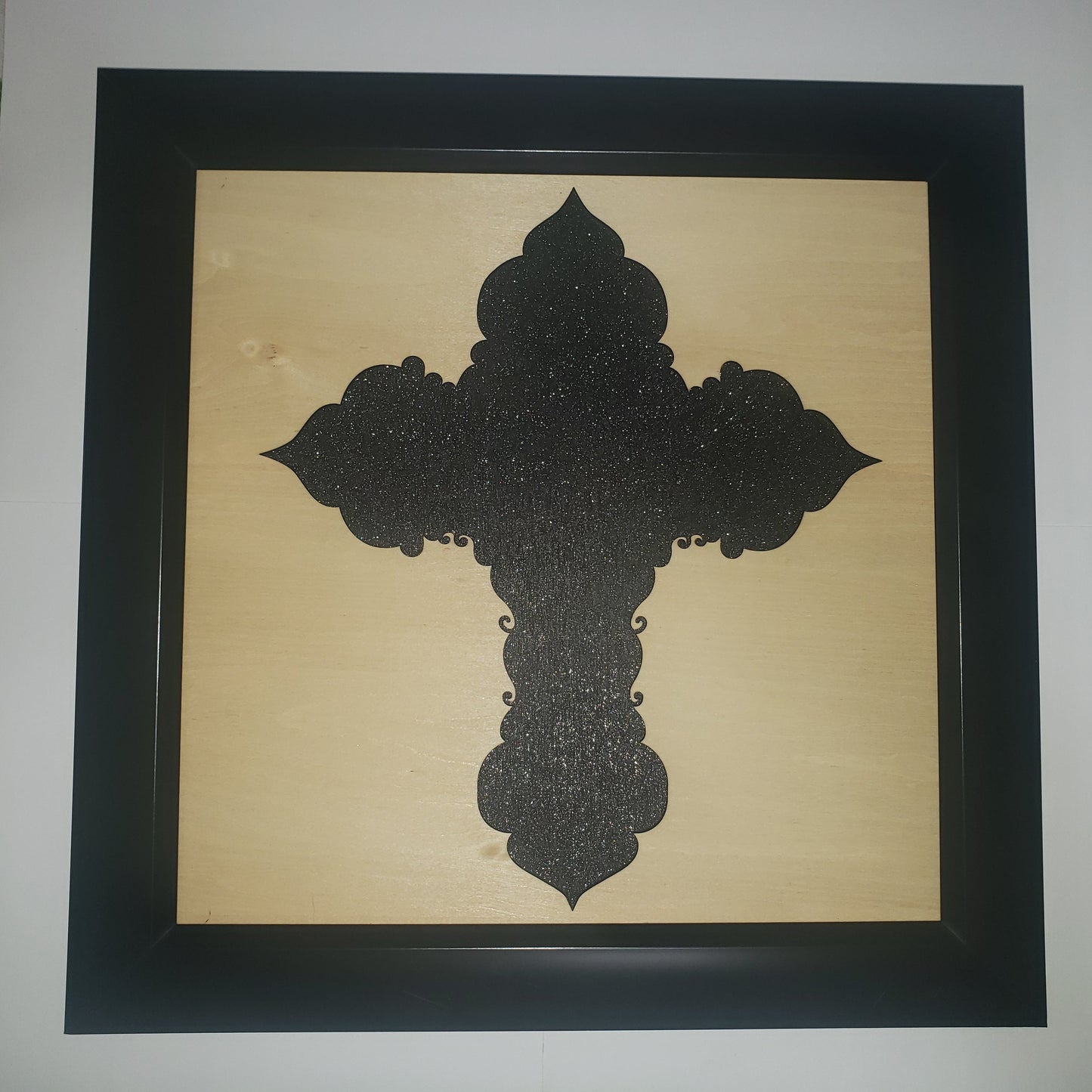 Wood Framed Black Shimmer Cross Wall Art