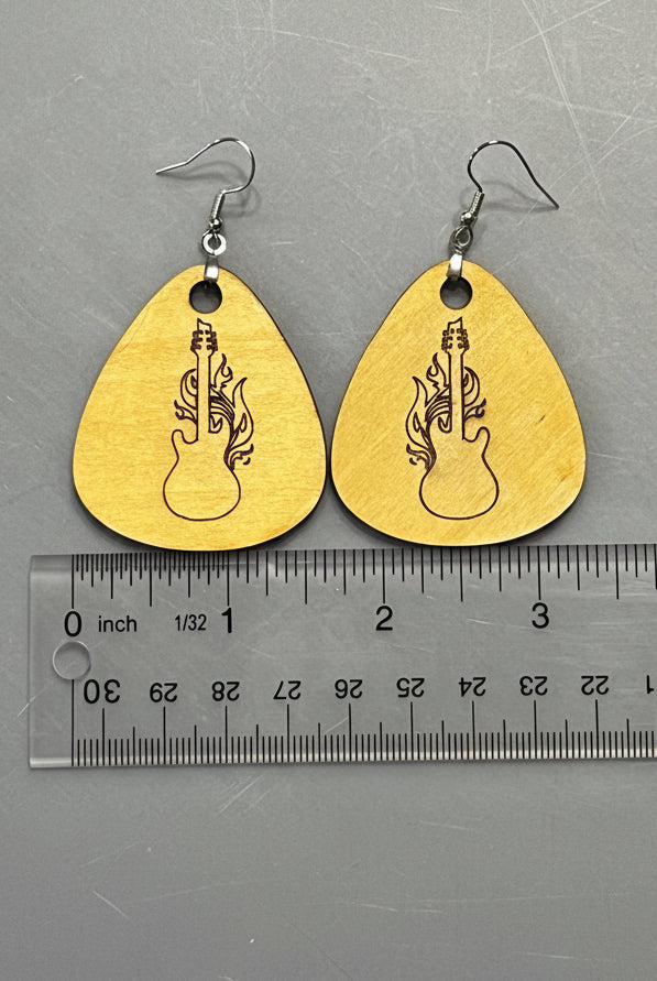 Flaming Guitar Laser Etched Earrings