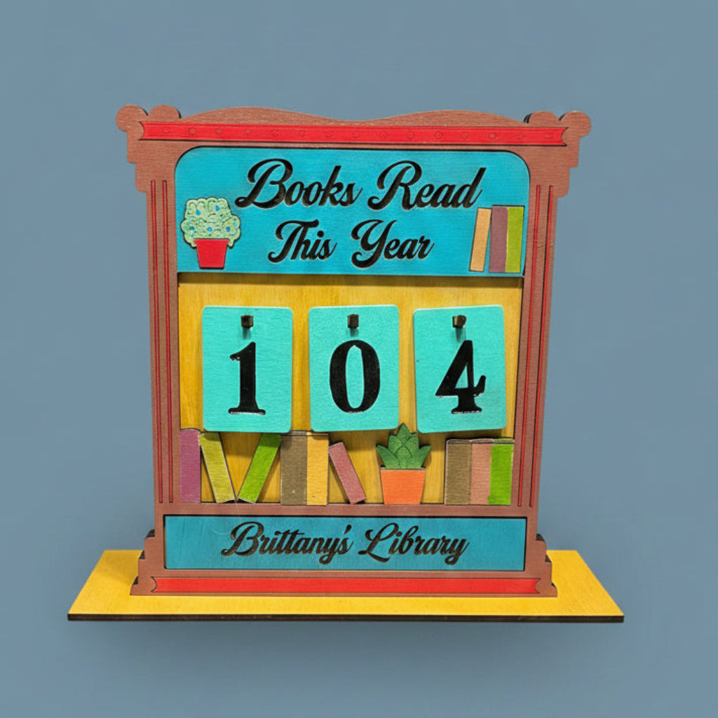 Colorful bookshelf-themed decorative Counter with 'Books Read This Year' and Personalized with Brittany's Library.