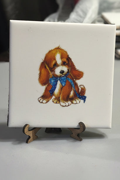 Cavalier King Charles Spaniel Puppy Ceramic Plaque with Display Easel