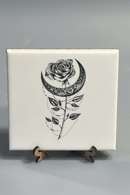 Bohemian Celestial Rose and Crescent Moon Ceramic Plaque with Display Easel