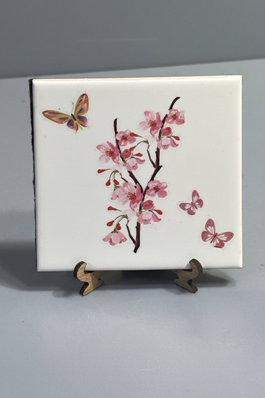 Sakura Cherry Blossom Ceramic Plaque with Display Easel