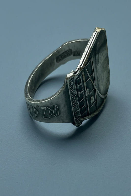Silver plated spoon ring with engraved design of the 1968 San Antonio Fair on a blue background.  This is upcycled and made from a collectable spoon of the event.
