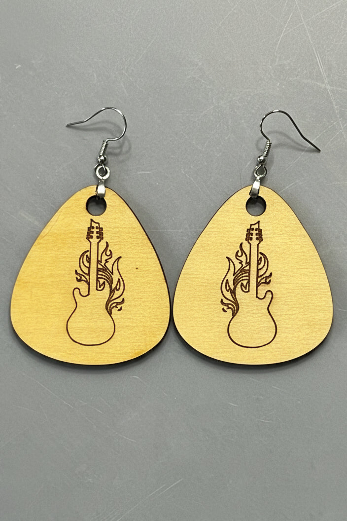 Flaming Guitar Laser Etched Earrings