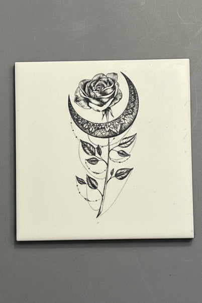 Bohemian Celestial Rose and Crescent Moon Ceramic Plaque with Display Easel