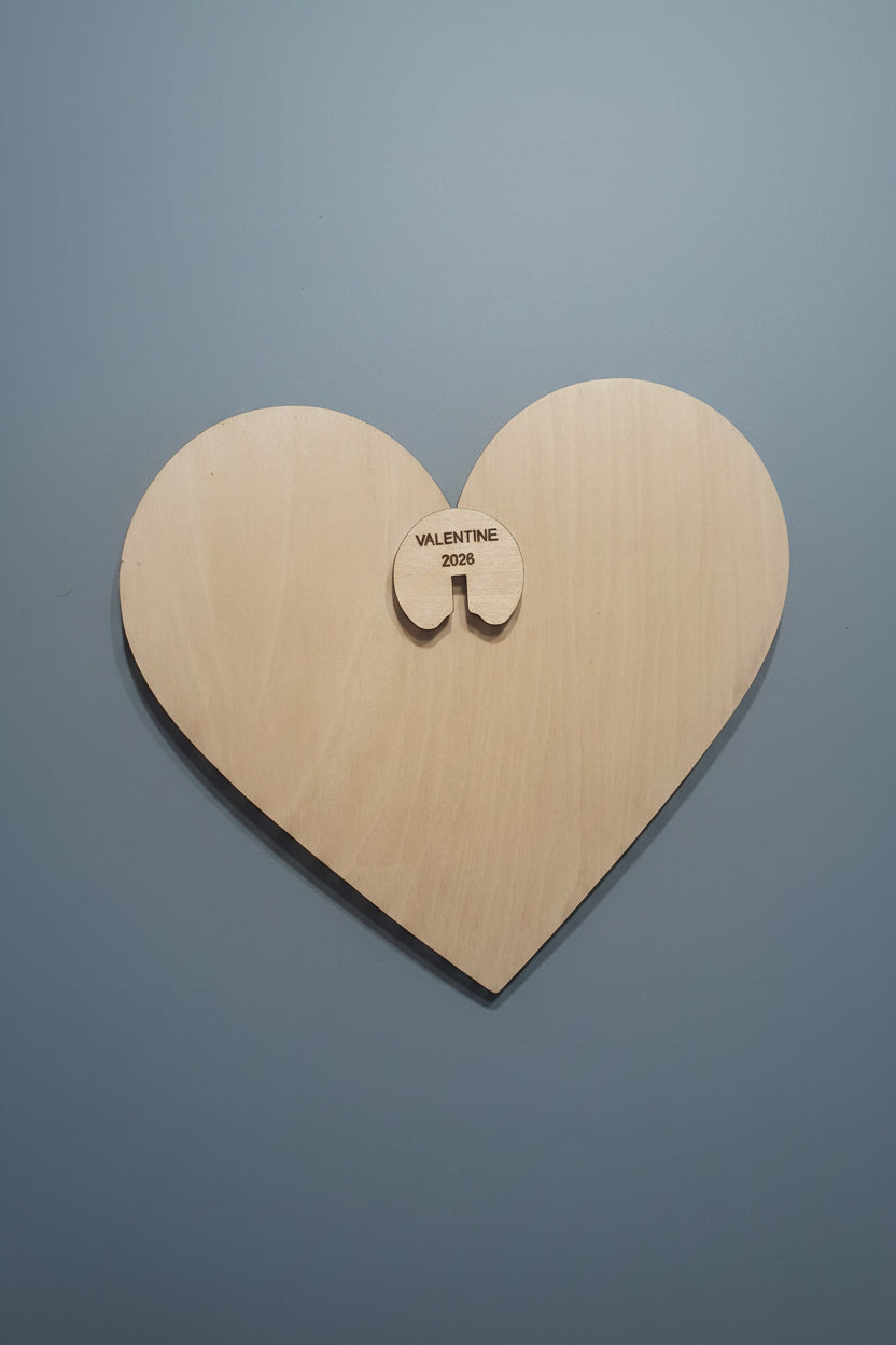 The reverse side of a Heart-shaped wooden personalized plaque showing the connected wall hanger.