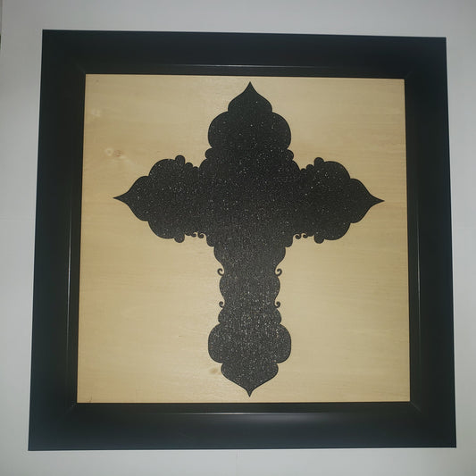 Wood Framed Black Shimmer Cross Wall Art