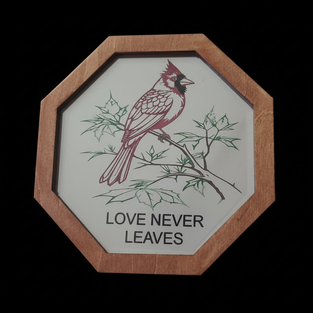 Cardinal Wall Plaque Mirror saying Love Never Leaves
