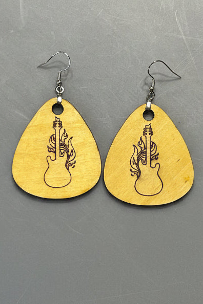 Flaming Guitar Laser Etched Earrings