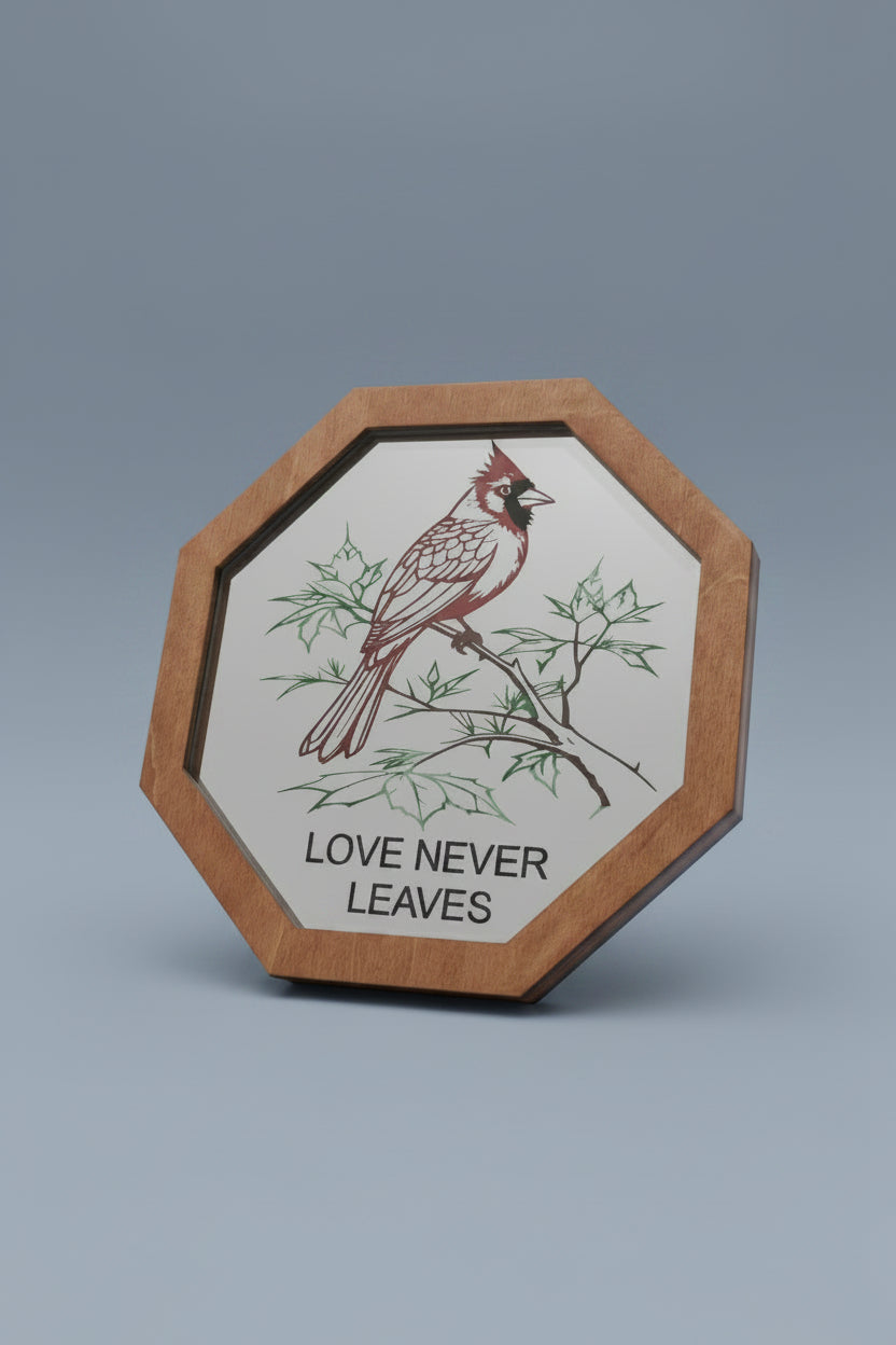 Decorative mirror with a cardinal bird illustration and 'Love Never Leaves' text in a wooden frame.