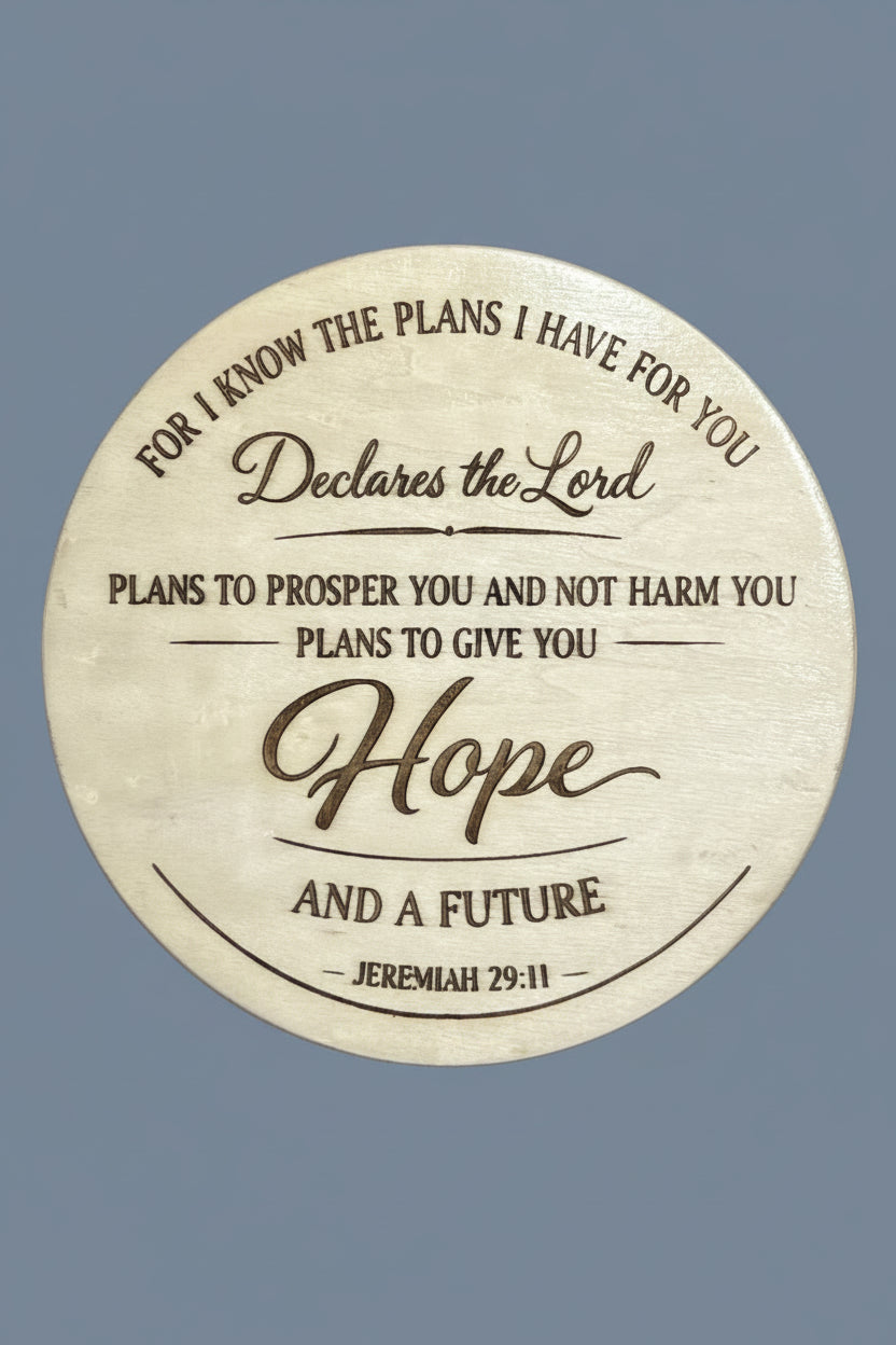Round wooden plaque with engraved verse of Jeremiah 29:11