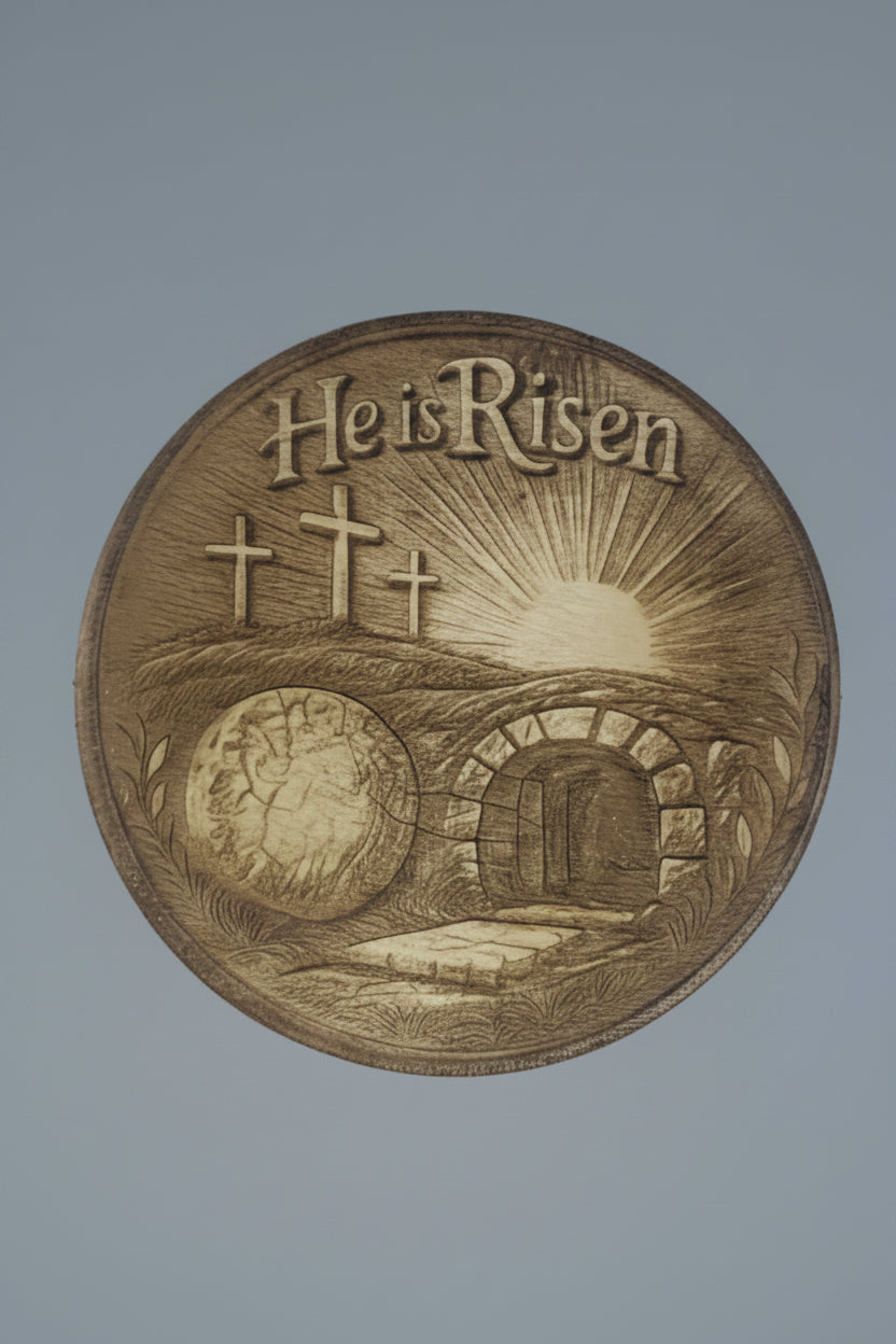 Wood carving with 'He is Risen' text, crosses, and a resurrection scene.