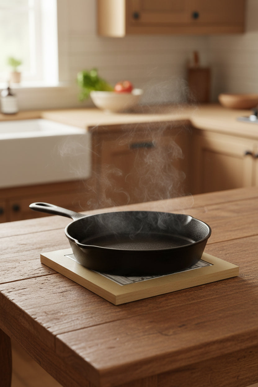 The trivet hot plate is shown in use protecting a counter with a hot pan on it.