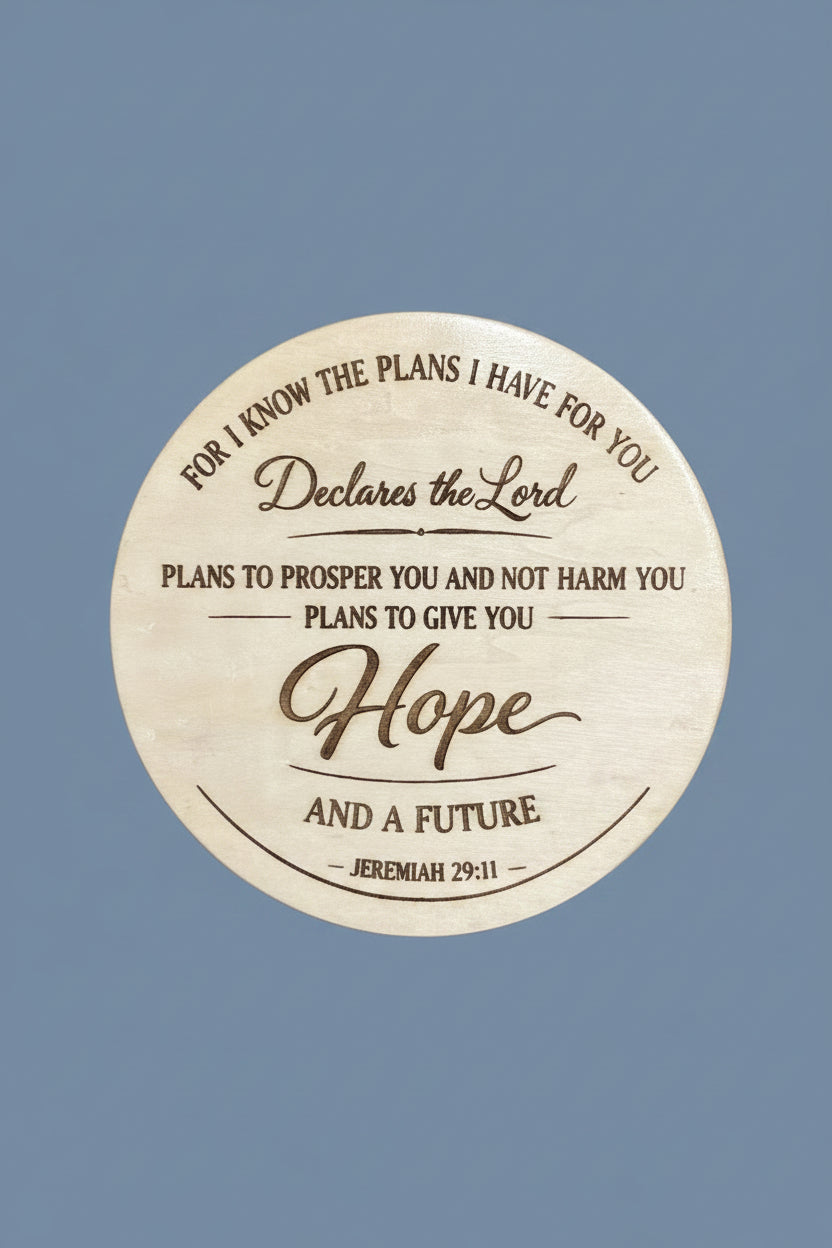 Round wooden plaque with engraved text of Jeremiah 29:11 