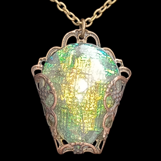 18" Necklace and Iridescent Pendant. Green Orange Yellow Red Blue Bronze Resin