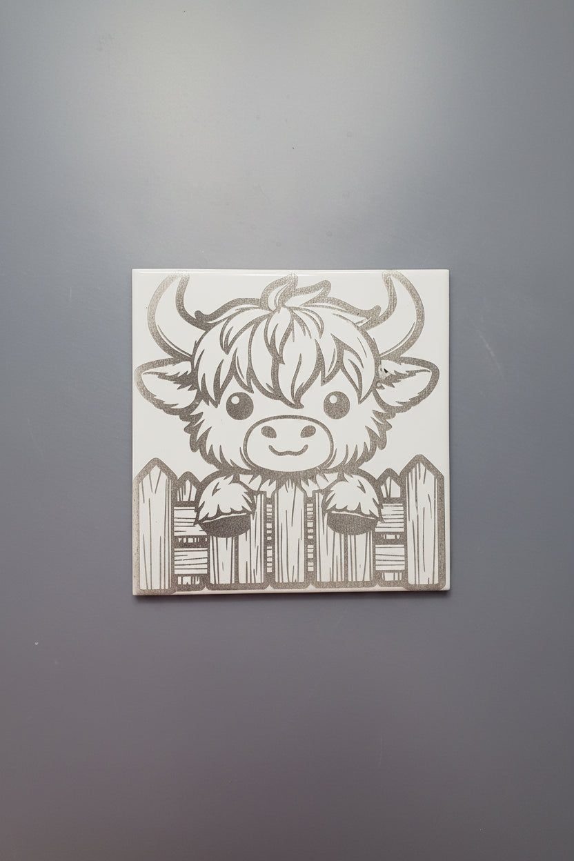 Highland cow etched in ceramic tile