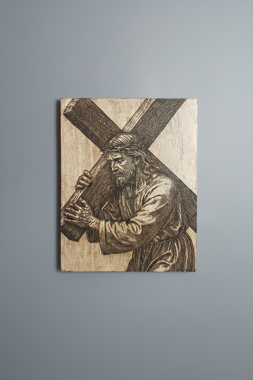 Wooden carving of Jesus holding a cross