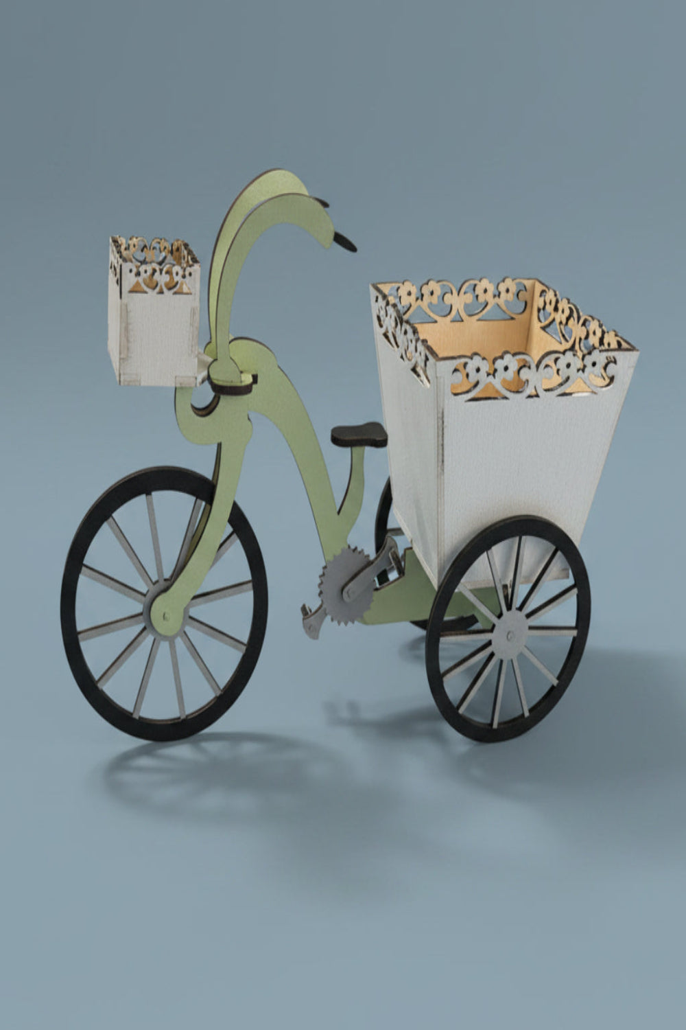 Model of a tricycle with decorative elements and flower baskets.