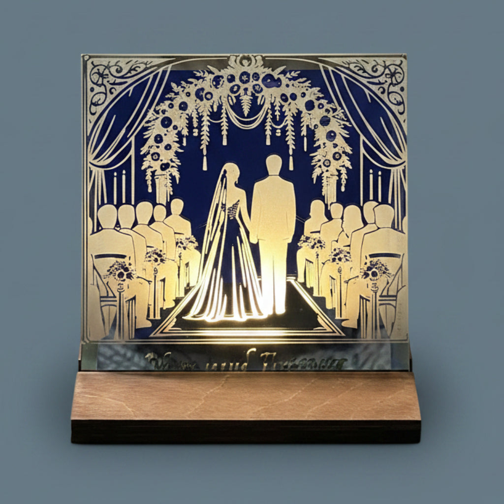 Lighted Wedding Mirror Bride and Groom at the altar, text says Now and Forever