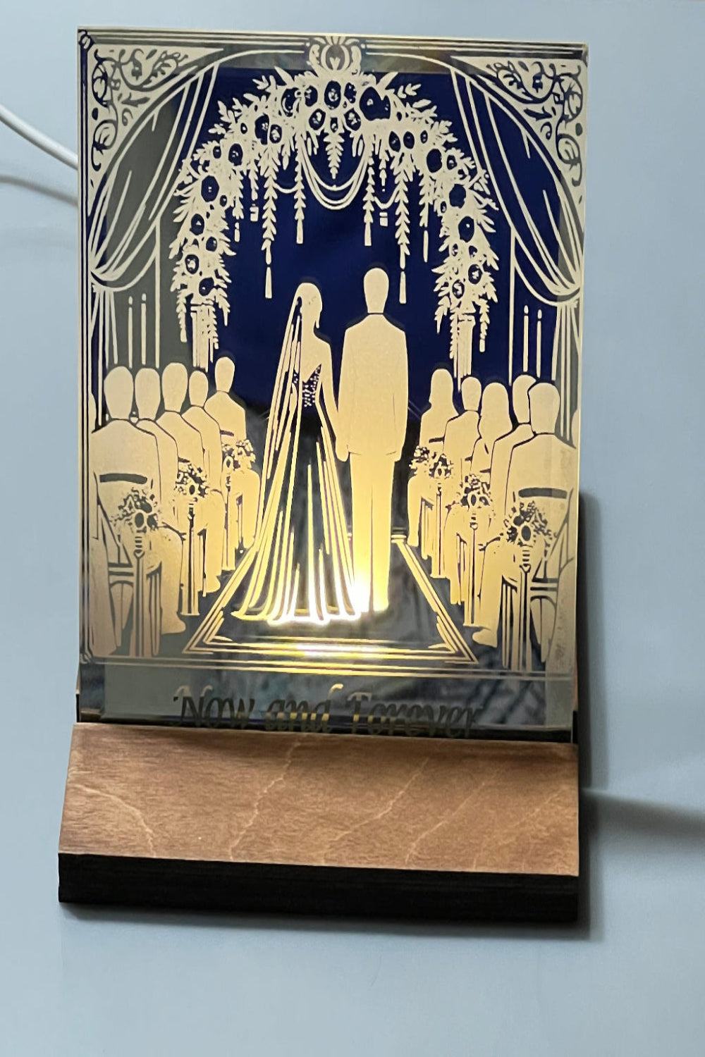 LED Lighted Wooden Base with Etched Mirror with a Wedding Scene Above the text Now and Forever