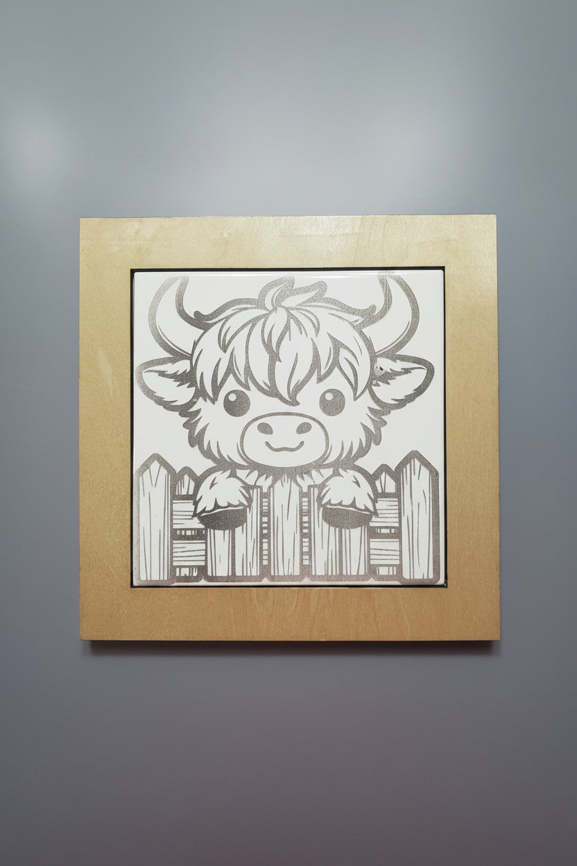 Wood Framed Trivet Hot Plate with Adorable Scottish Highland Cow Peeking OVer The Fence 