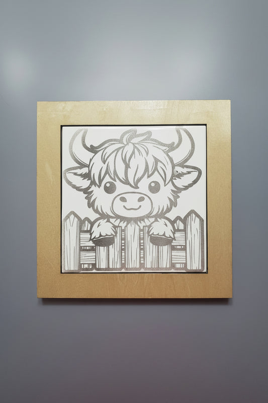 Wood Framed Trivet Hot Plate with Adorable Scottish Highland Cow Peeking OVer The Fence 