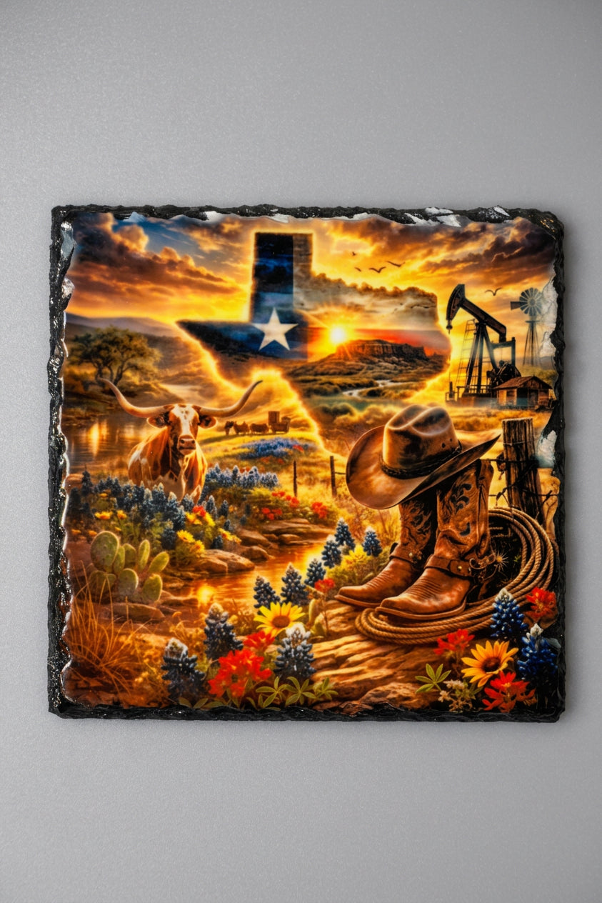 A square rustic slate art tile featuring a detailed western-themed illustration with a cowboy, horse, Texas flag, sunset, and autumn foliage, displayed on a neutral gray background.