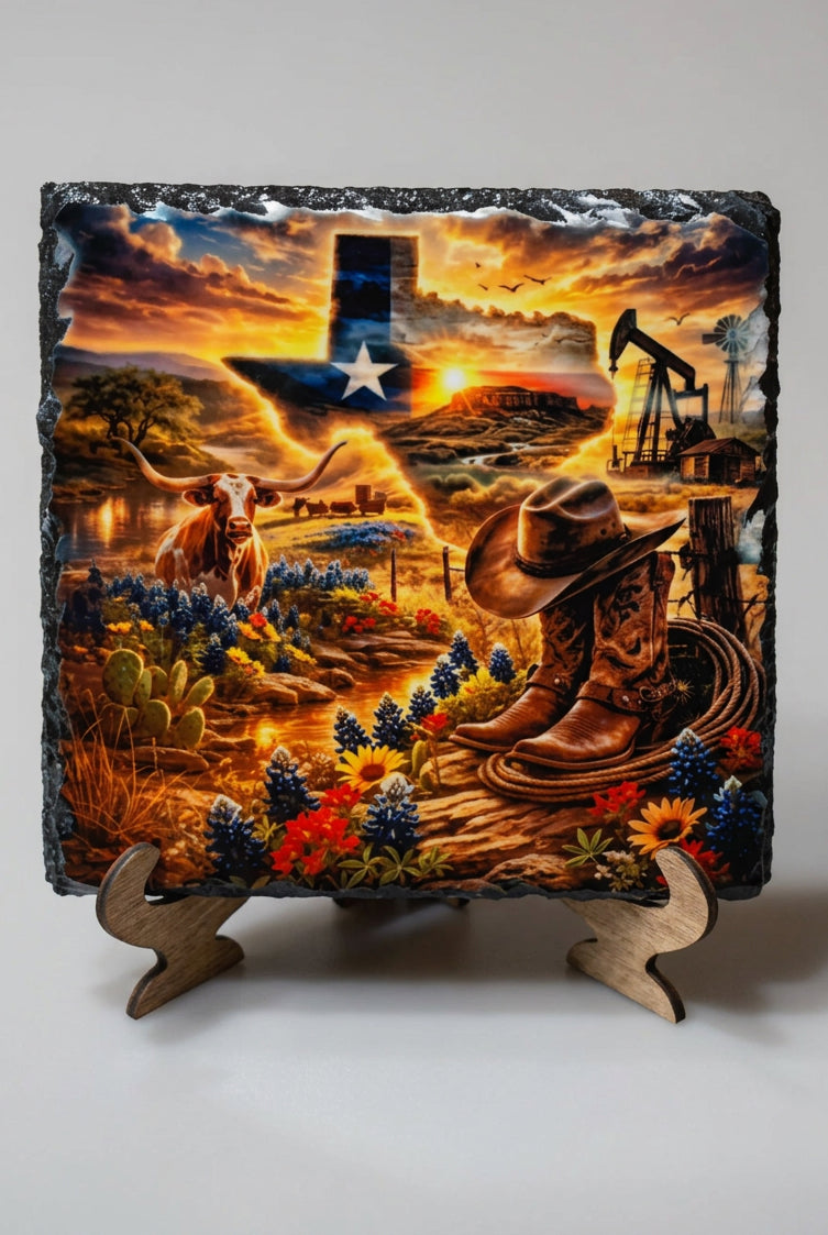 A square decorative plaque with a rustic dark border, featuring a detailed western-themed illustration in warm gold, brown, orange, and blue tones. The artwork includes a cowboy hat, boots, a Texas flag motif, and floral elements.