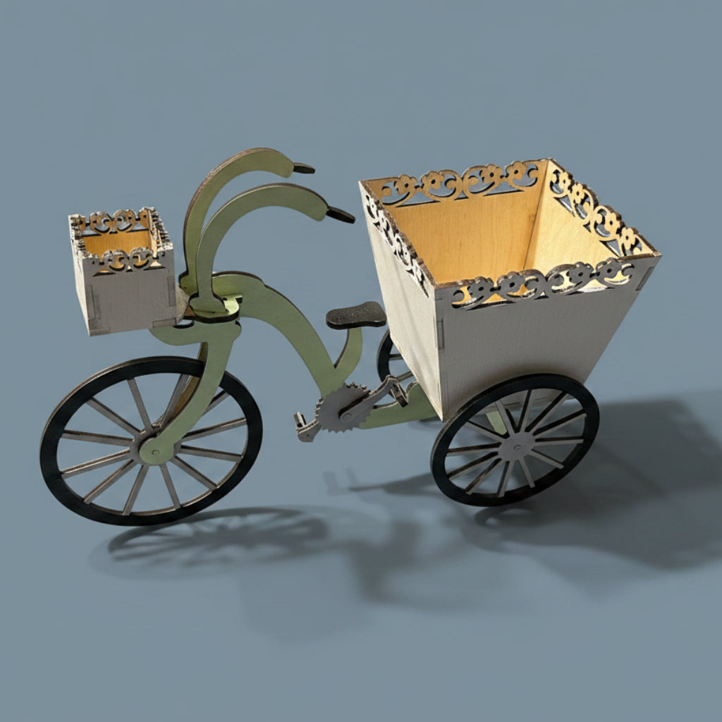 Wood model of a bicycle planter showing empty bicycle baskets.