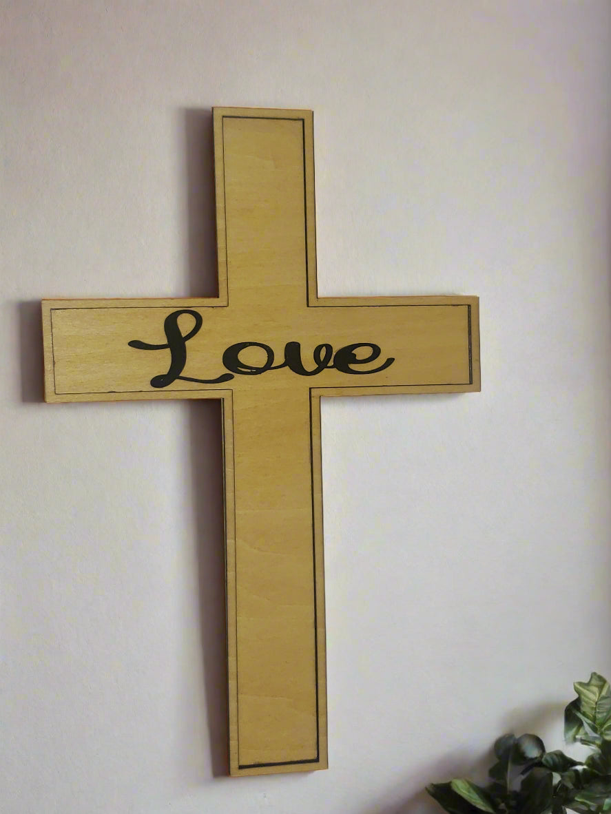 Wooden Cross Wall Hanging With 'Love' Written in 3D Across the Center