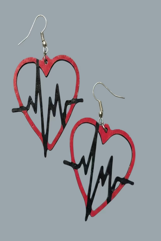 Heart-shaped earrings with a black heart beat line design 