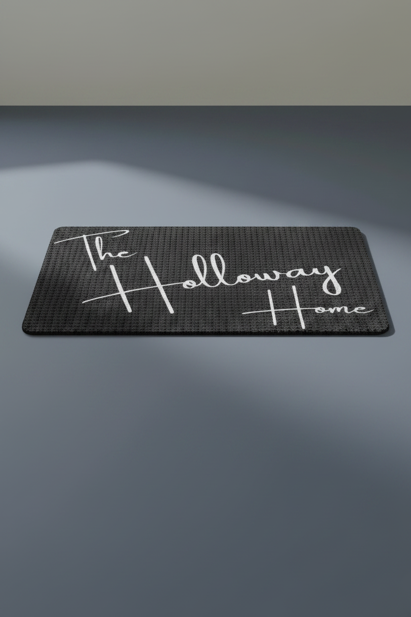 Black doormat with white text 'The Holloway Home'.  Order your custom name or phrase at UpCraftsCreek.shop 