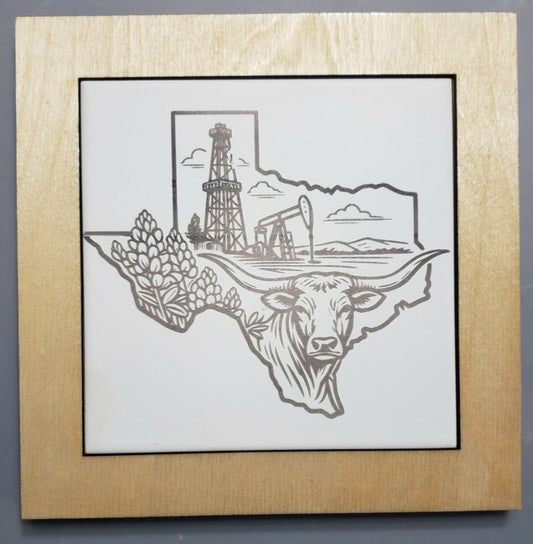 Texas Pride - Bluebonnets, Longhorns, Oil Wells, Hill Country and Plains - Trivet Hot Plate