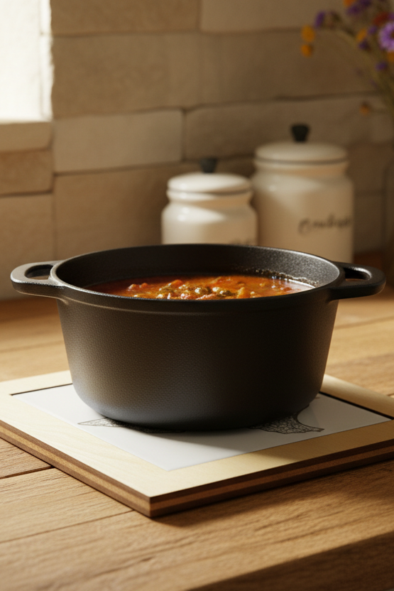 A trivet hot plate in use by a pot of chili on the kitchen counter.  The trivet is framed in wood and has an interchangeable ceramic tile that has an etched scene of The Alamo, a ranch house, grazing cattle, a windmill and bluebonnets all filling in the etched shape of The State of Texas.